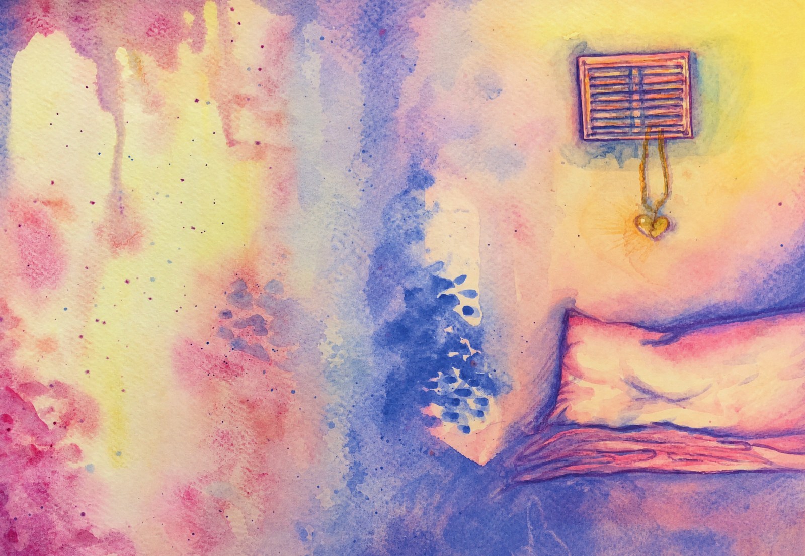 Watercolor cover art for the novel What Lies Within by Denise M. Clark — a sunlit bedroom with a heart locket hanging beside a shuttered window.
